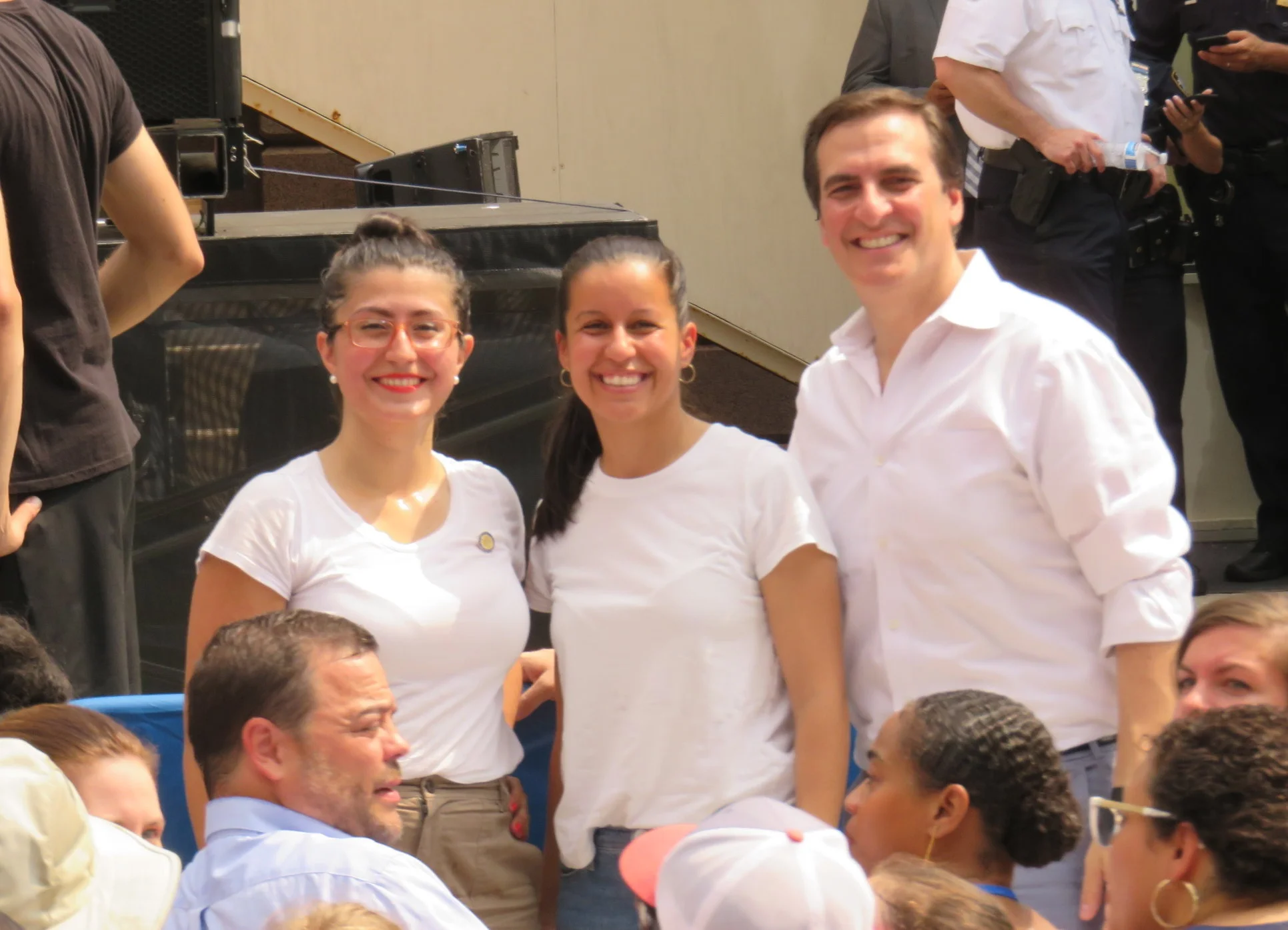 Queens State Sen. Jessica Ramos (left), Queens DA candidate Tiffany Cabán and Queens State Sen. Michael Gianaris watched the event from the front row.