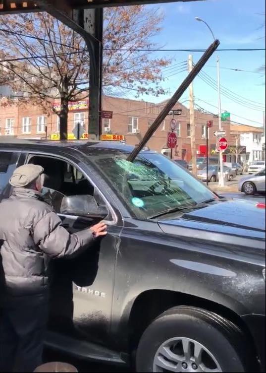 A spike fell from the No. 7 train and punctured a car windshield along Roosevelt Avenue in February. Photo courtesy of Councilmember Jimmy Van Bramer’s office.