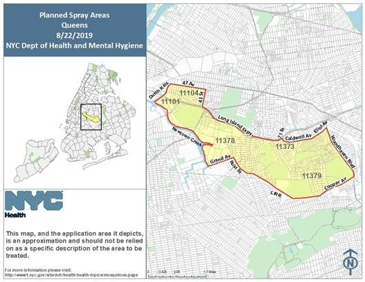 The Health Department will spray pesticide to combat mosquitoes in Eastern and Western Queens this week. Images courtesy of the Health Department.