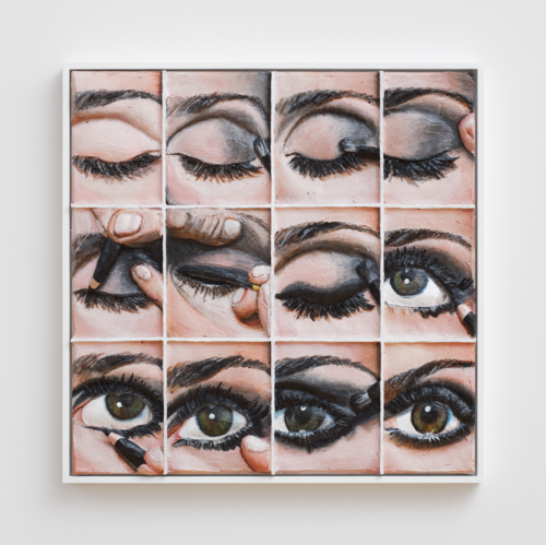 A work on display in “The Life I Deserve.” Gina Beavers. Smoky Eye Tutorial. 2014. Acrylic and wood on canvas panel. Image courtesy of the artist.