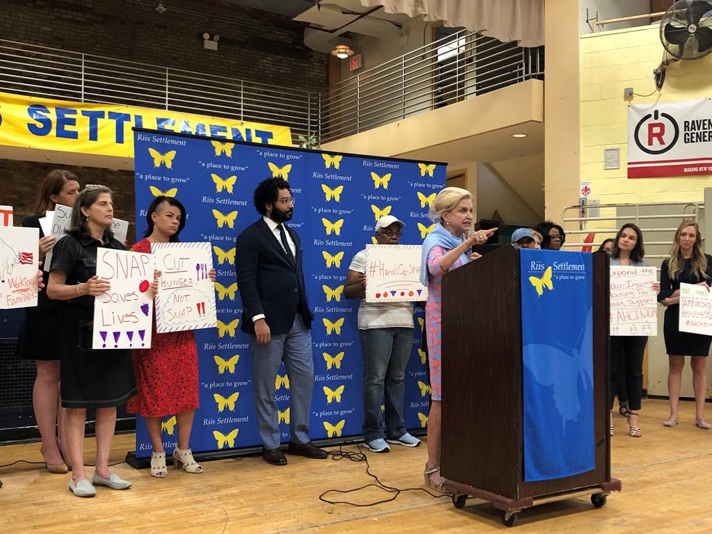 U.S. Rep Carolyn Maloney addresses a coalition of organizations at Wednesday’s rally for increased support of New York’s human services. Photo courtesy of Maloney’s Office.
