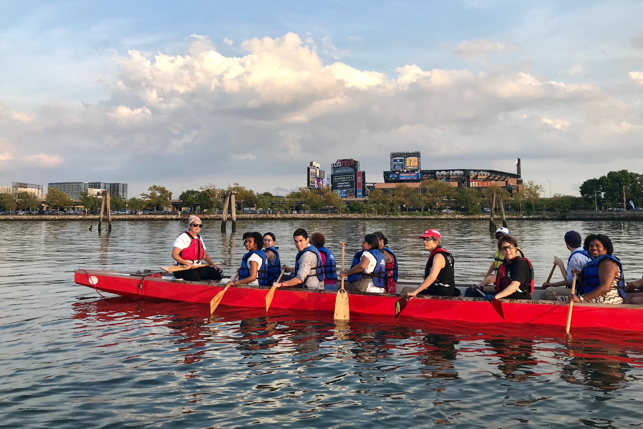 Dragon boat riders sail through Flushing Creek. Eagle photos courtesy of Constantinides’ office.