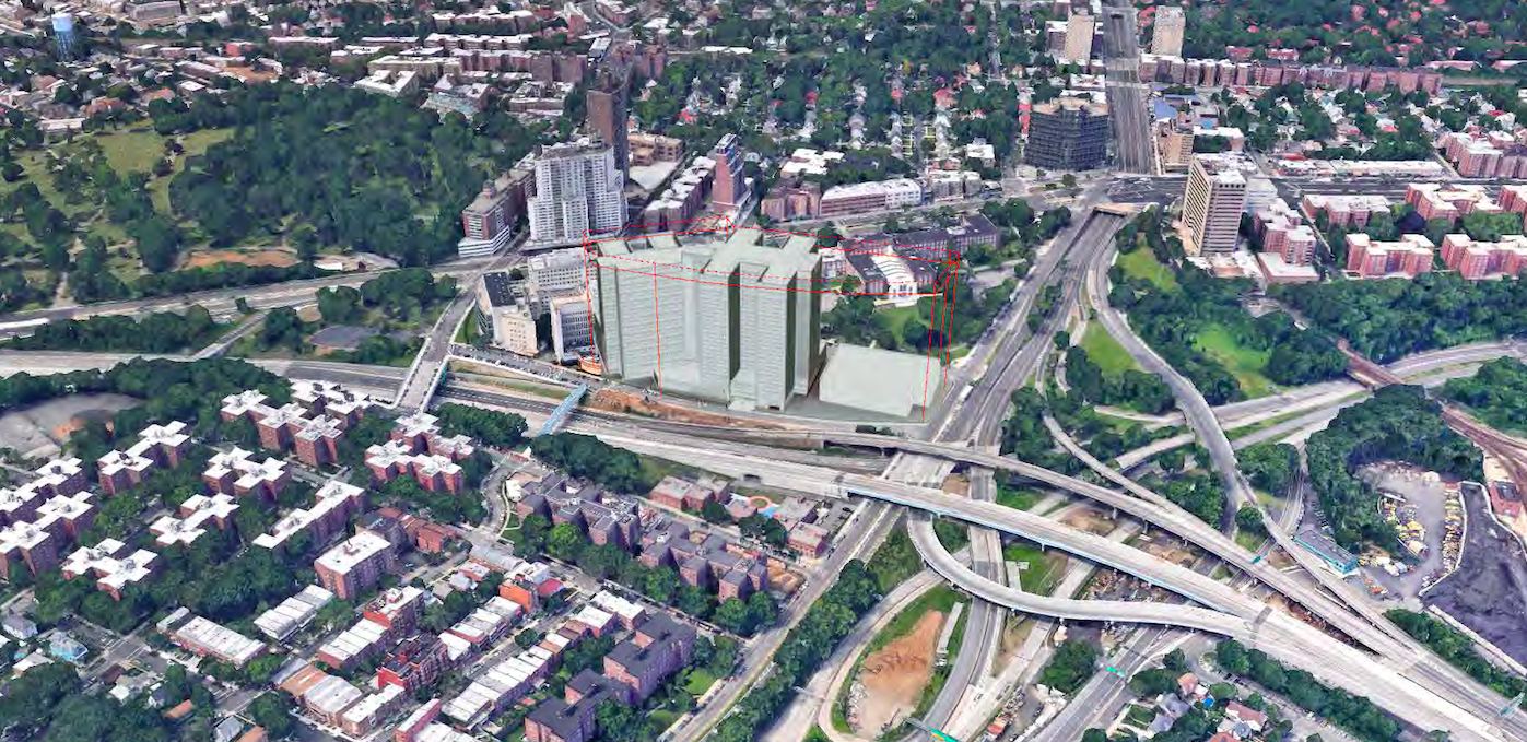 Under the existing plan, the Kew Gardens jail would rise to a height of 270 feet. The site would include a 676-space municipal parking lot. Rendering via City Hall.
