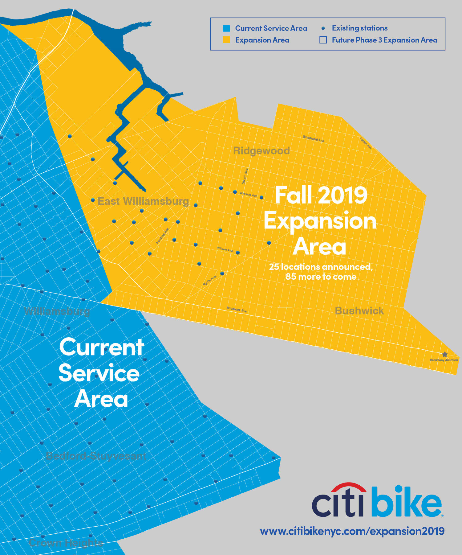A total of 85 new stations will be added in Ridgewood, Bushwick and East Williamsburg throughout September. Image via Citi Bike.