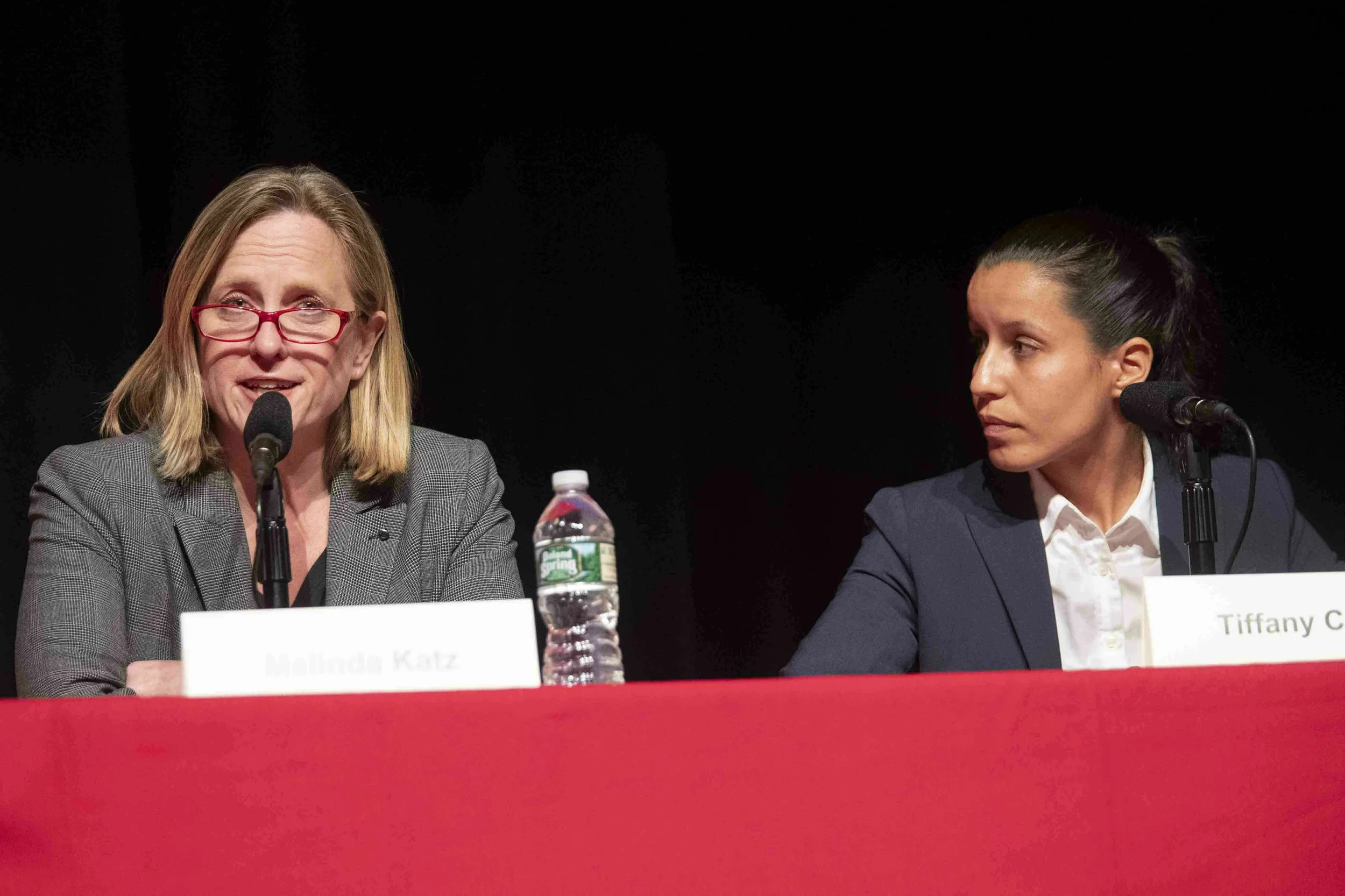 MELINDA KATZ (LEFT) AND TIFFANY CABÁN (RIGHT) AT A JUNE FORUM HOSTED BY THE EAGLE AND NAACP AT ST. JOHN’S UNIVERSITY. Katz defeated Caban by 55 votes in the Democratic primary for Queens DA. AP PHOTO/MARY ALTAFFER, FILE