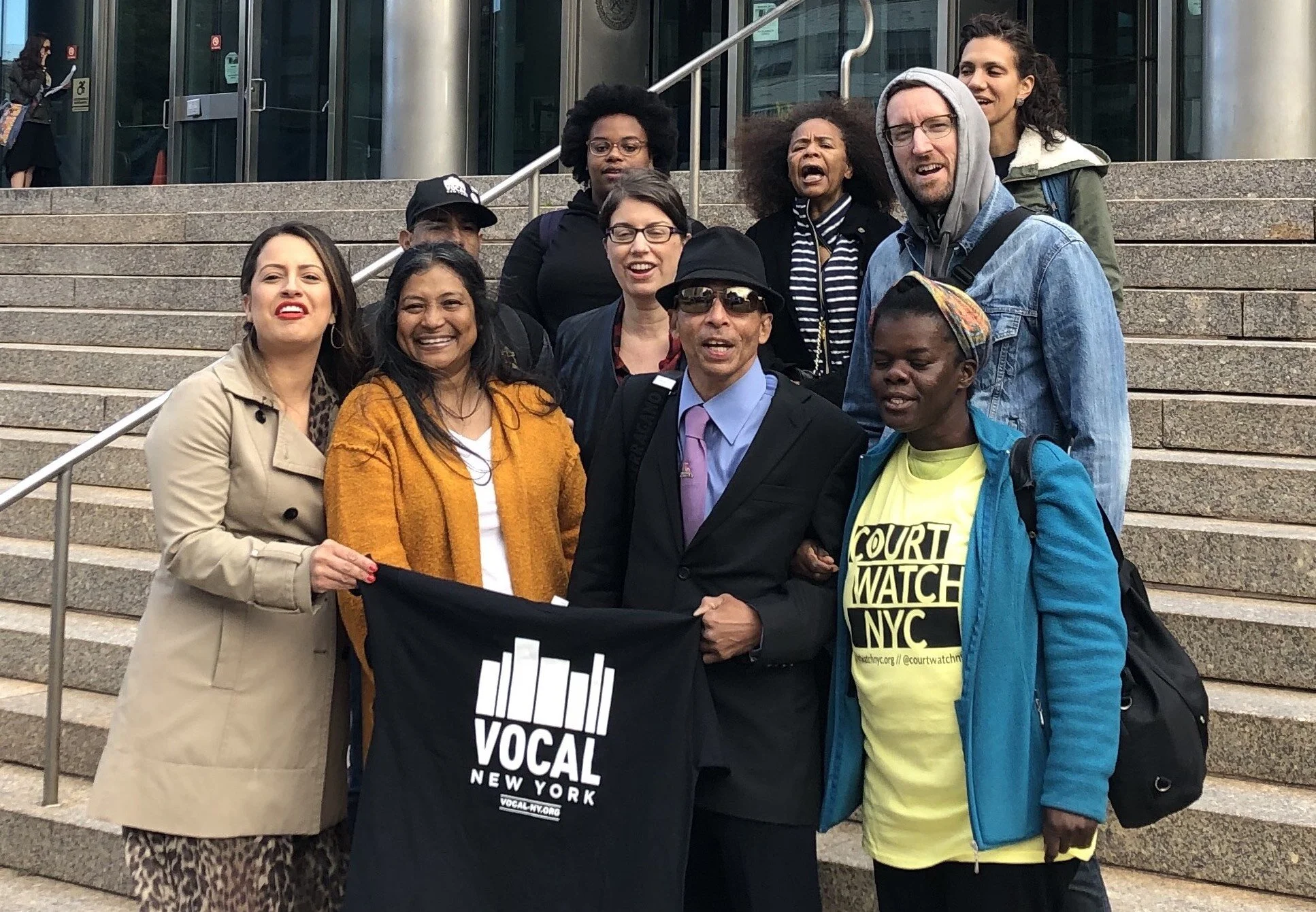 Advocates from Vocal-NY and Assemblymember Catalina Cruz (left) joined Peggy Herrera (second from left) at Queens Criminal Court Oct. 11 for a rally calling on the city to reform approaches to 911 calls for people experiencing emotional disturbances. Photo courtesy of Vocal-NY.