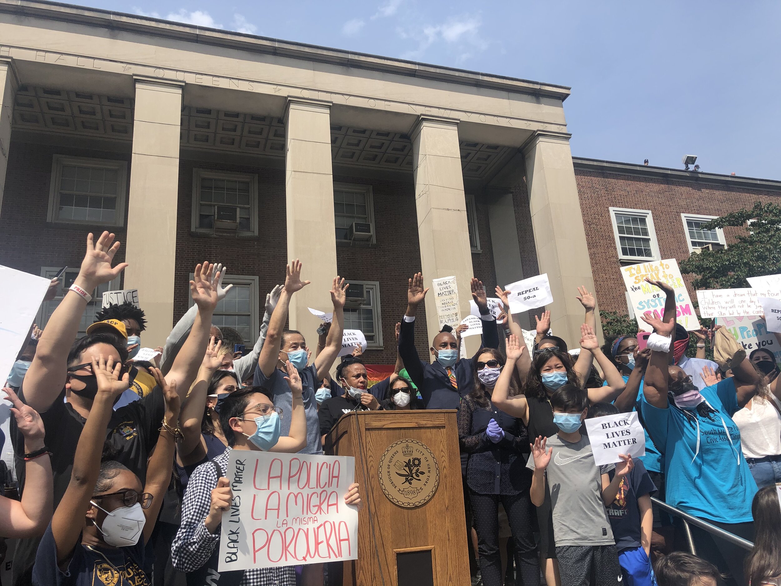 Queens leaders call on state to repeal 50-a at Borough Hall rally
