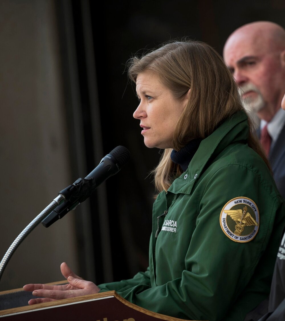 Former Sanitation Commissioner Kathryn Garcia speaks at a press conference in 2017. Photo by Ed Reed/Mayoral Photography Office.