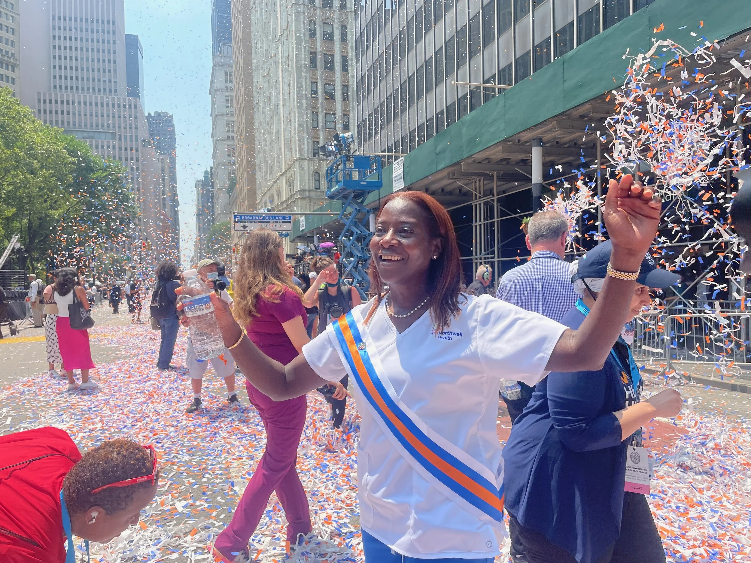 Queens Nurse Sandra Lindsay was the first of many pandemic heroes honored at the city’s ticker-tape parade on Wednesday. Eagle photo by Liam Quigley