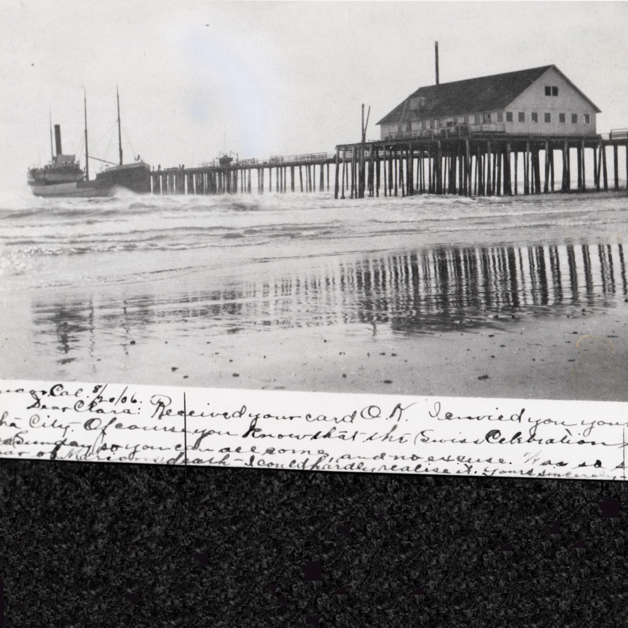 Merchant steamer docks at the pier