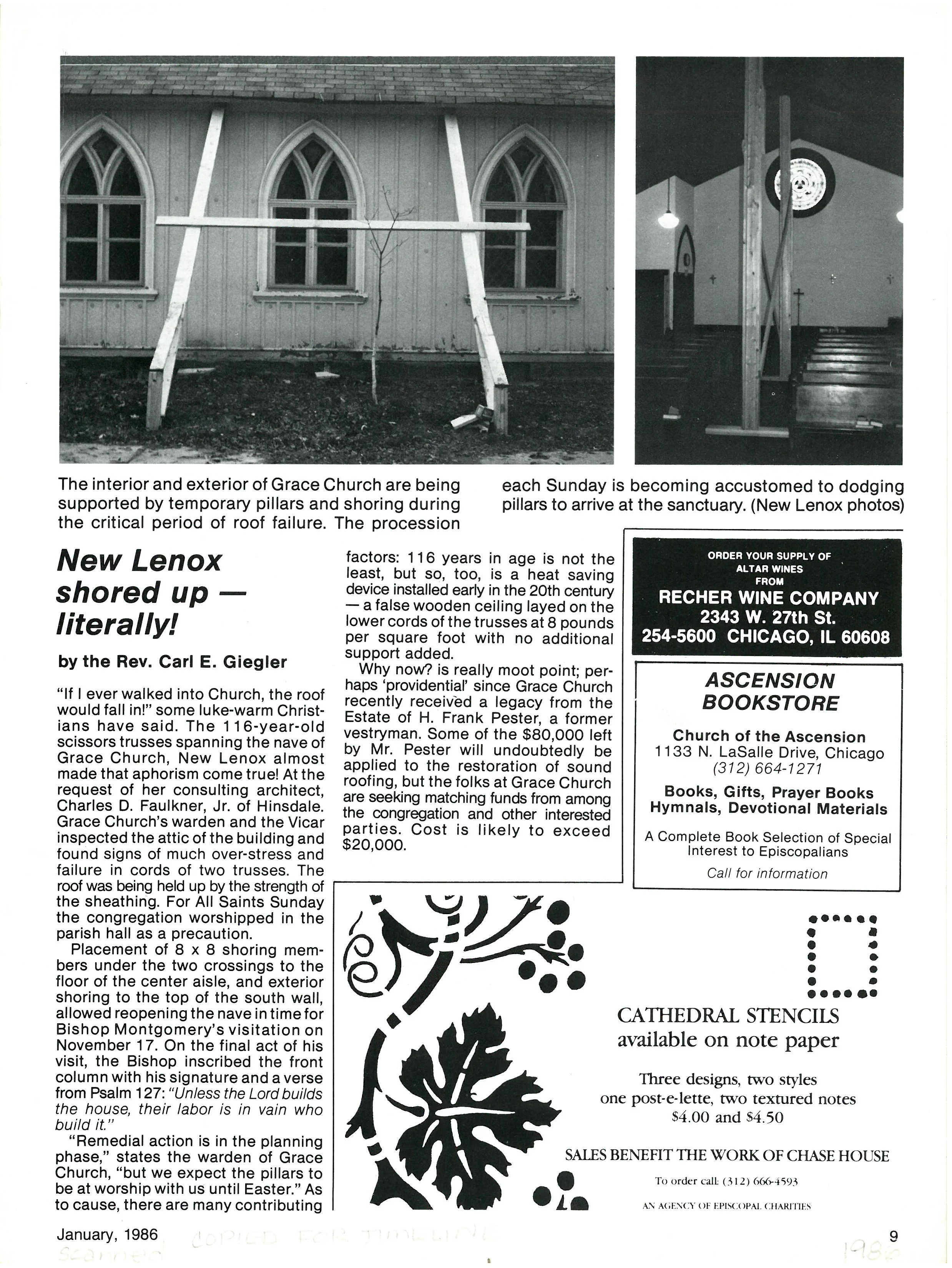 A page from an article in The Advance , a magazine for the Episcopal Diocese of Chicago at the time, which details the work to keep the church standing up after major storm damage. January 1986.