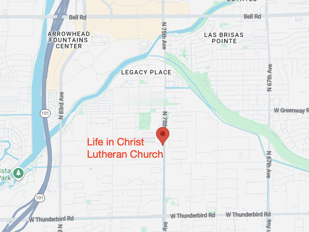 A map view of the location of Life in Christ Lutheran Church.