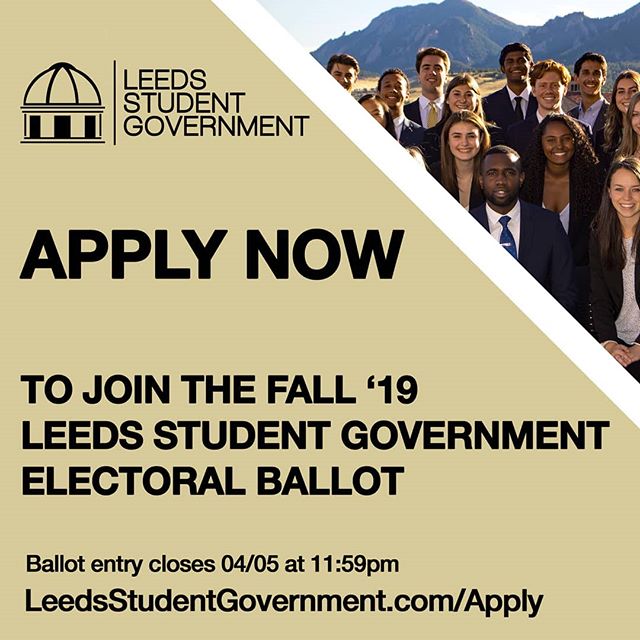 Happy Spring Break, Leeds Buffs! We have officially opened our ballot applications to students! If you are passionate about Leeds, the business school student body, project management, teamwork, and enhancing the student experience, take some time this break to review our organization and apply!
The application is available on our website at LeedsStudentGovernment.com/Apply until April 5th at 11:59PM MST (Link in Bio)