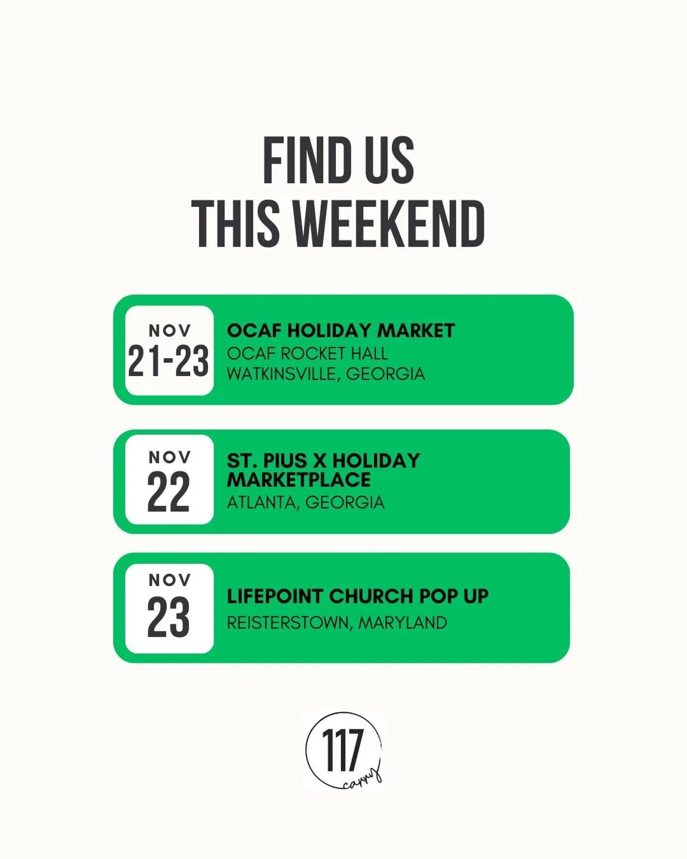 We would LOVE to see you this weekend at one of our events!!!! Share this post and help us get the word out!