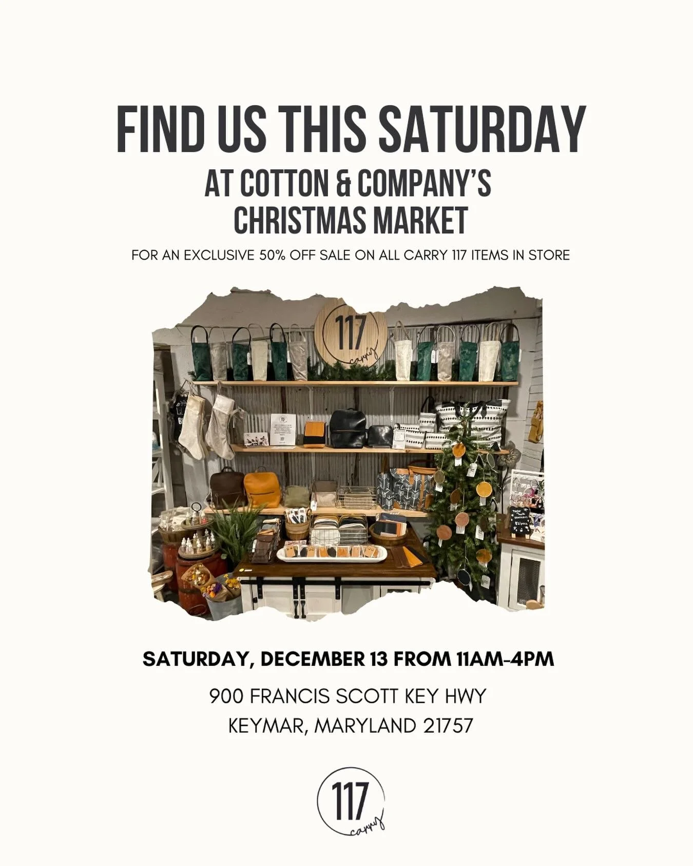 TODAY ONLY!!! 50% off all Carry 117 items at @cottonandcovintageboutique&rsquo;s Christmas Market in Keymar, MD from 11am-4pm 🎄 Come shop small this holiday season with us and a ton of other incredible vendors here today!