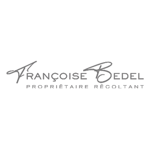 Logo for Françoise Bedel, Proprietaire Recoltant, with elegant cursive font on a black background.