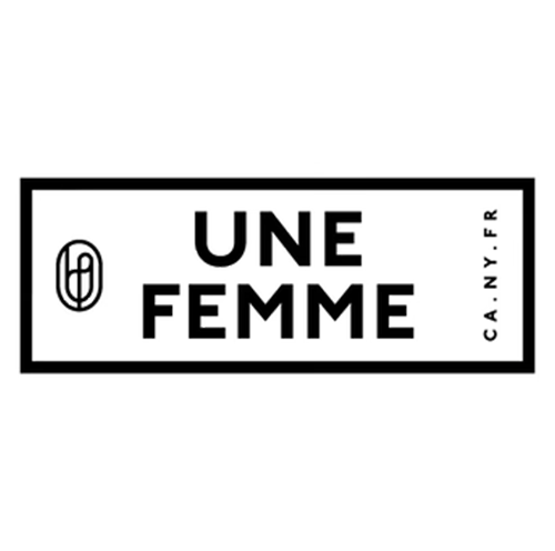 Black and white logo with a clenched fist on the left and the words "ONE FEMME" in the center.