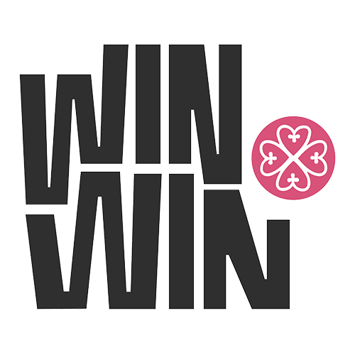 Text saying "WIN WIN" in bold black letters with a pink circle containing white hearts arranged in a four-leaf clover pattern.