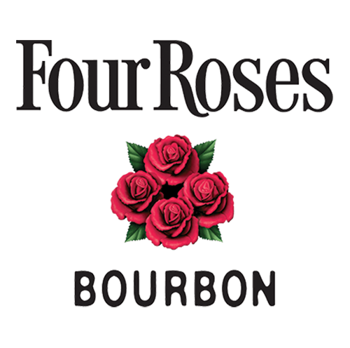 Logo for Four Roses Bourbon featuring the brand name, a cluster of six red roses, and green leaves.