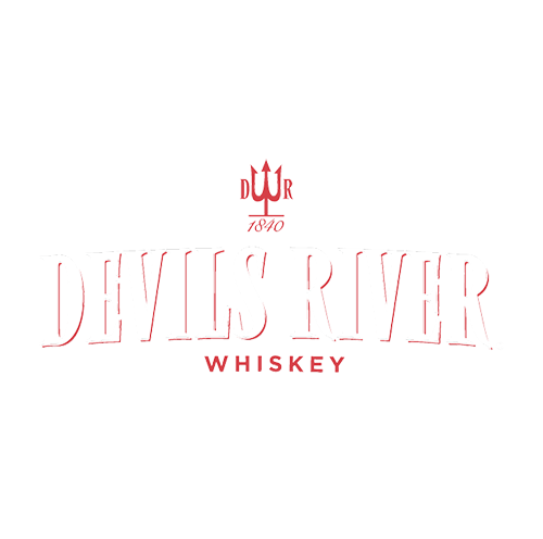 Devils River Whiskey logo with a black background, large white and red text, and a red trident symbol above the brand name.