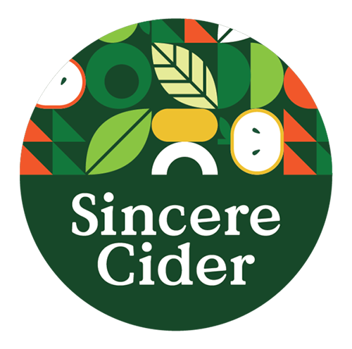Packaging label for Sincere Cider featuring green leaves, apples, and abstract fruit illustrations with a happy face icon.