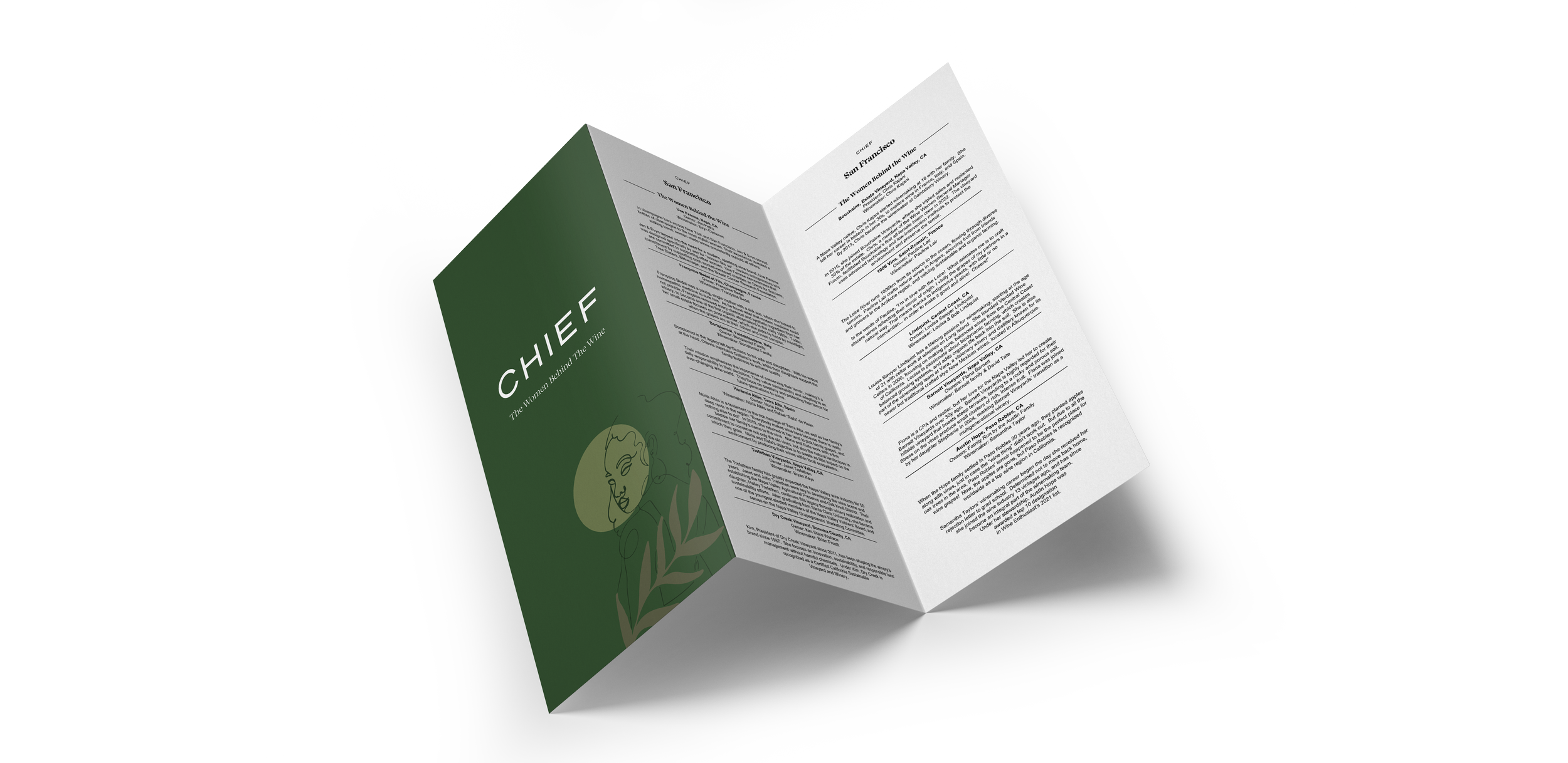A trifold informational brochure titled "CHEF: The Women Behind The Wine," with an illustrated woman's face on the front cover and various text sections inside.