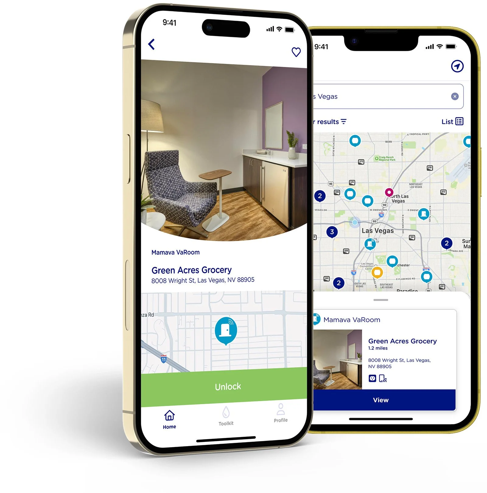 Two phones showing the Mamava app.