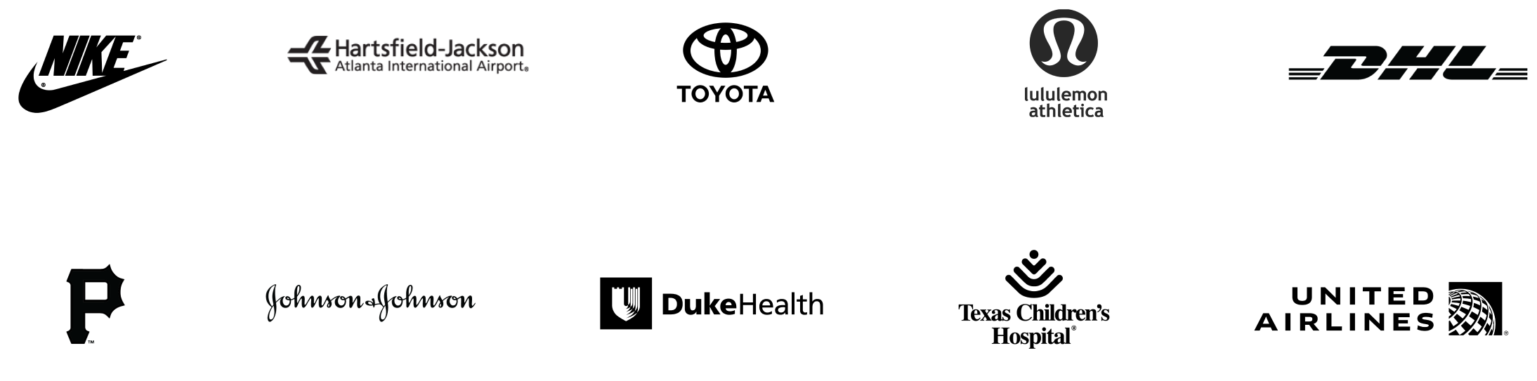 A collection of company logos on a black background, including Hartsfield-Jackson Atlanta International Airport, Johnson & Johnson, lululemon athletica, and DHL among others.