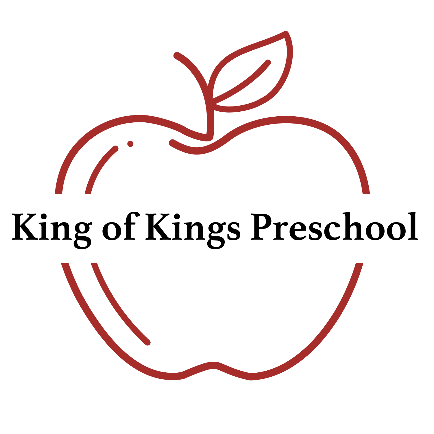 Red apple outline with King of Kings Preschool written accross the center