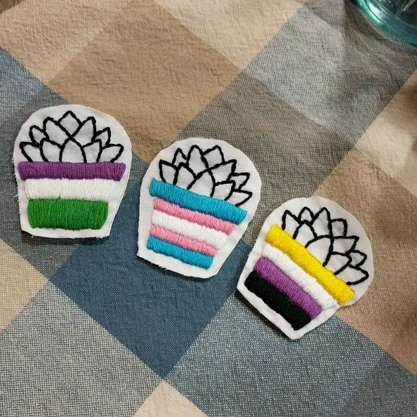 Image of a succulent in a pride flag pot patches - genderqueer, trans, and nonbinary flag are shown