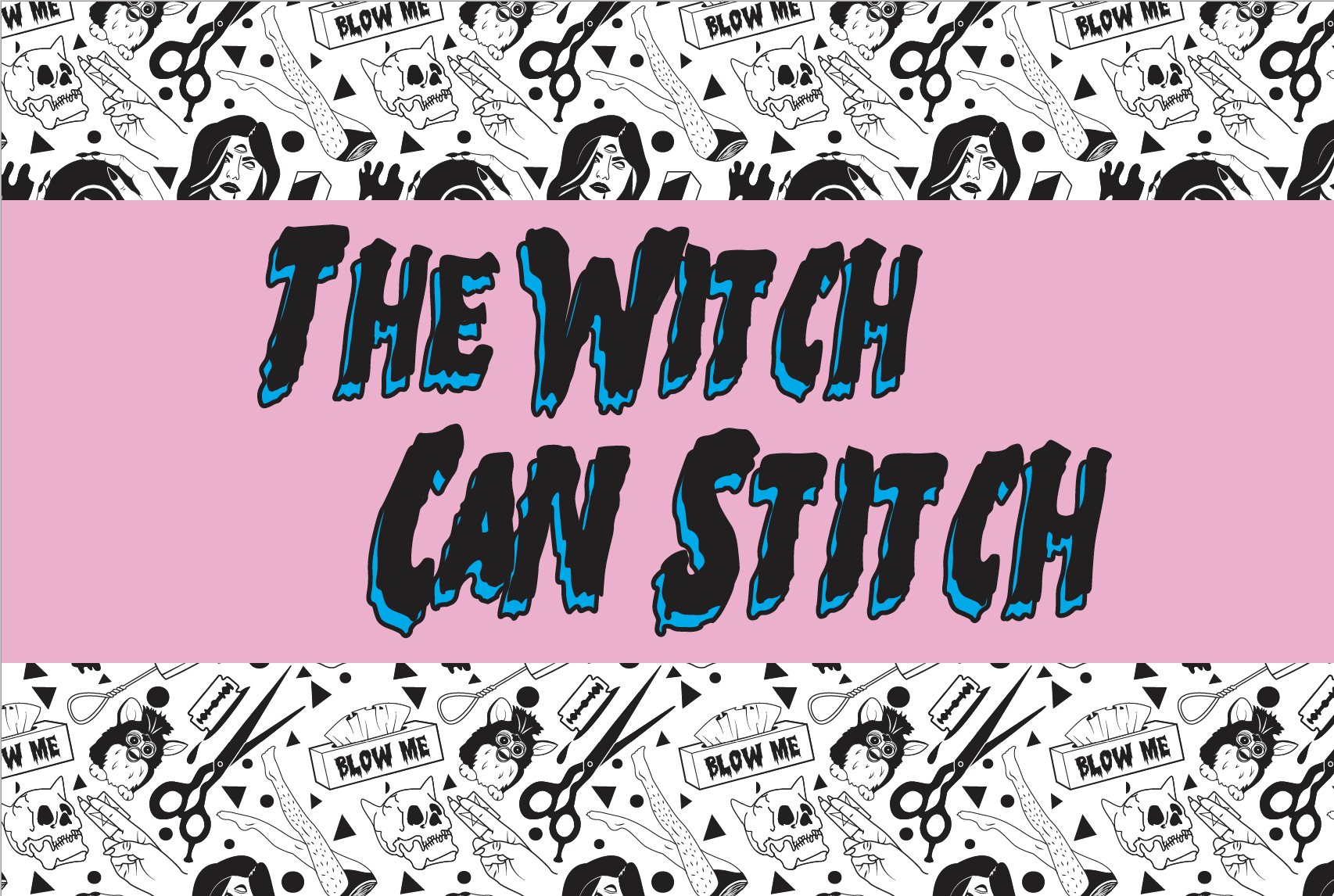 Image of black and white witch/goth style illustration background with pink stripe over middle with black text, “The Witch Can Stitch”