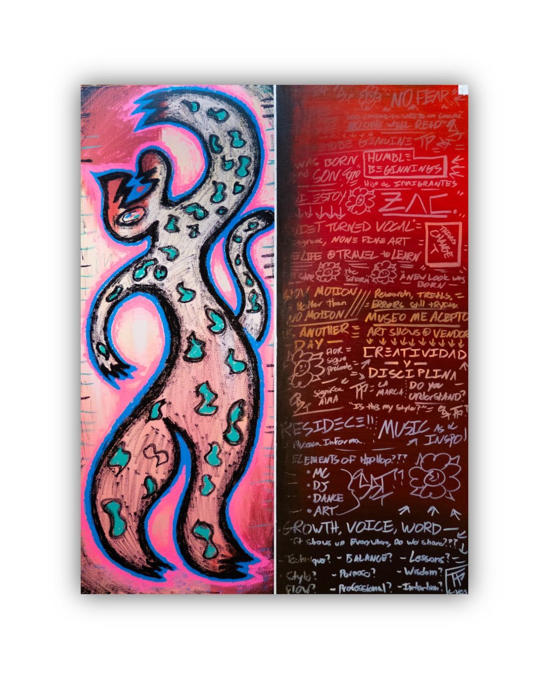 &ldquo;Jaguar Bailar&iacute;n&rdquo;
30&rdquo; x 40&rdquo;
Acrylic and oil on canvas.

My journey as an artist has always been a game of rhythm, chaos, patience and action. Throughout this journey, I have been dancing through the chaos, opportunities