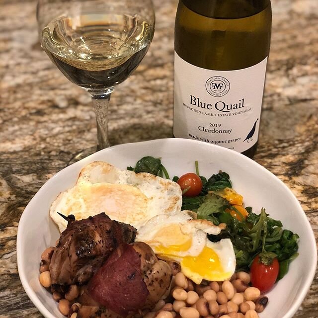 Not every post has to be about leather. Did a little experiment tonight and I just had to share. Bacon wrapped Quail breast, black eyed peas and white acre peas, wilted Kale, roasted tomatoes, quail eggs. And to top it off, blue quail wine.  Quail ar