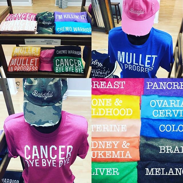 Just to give an update on our Baldiful brand. We are up and running at the new store at @garagedoorapparelco at {5817 Johnson Drive} in #missionks. We just added the Mullet in Progress tee, as it was a our fave hat during chemo at the  @kucancercente