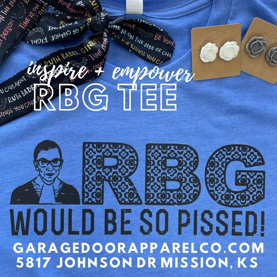 Blue stands for justice. 💙💪🏼RBG was very fond of blue..and lime desserts. So, here&rsquo;s the @garagedoorapparelcompany tribute to RBG. Comfy unisex blue tee. Don&rsquo;t miss getting the RBG @tielitestyle headband too. Shop in store thurs/fri 10