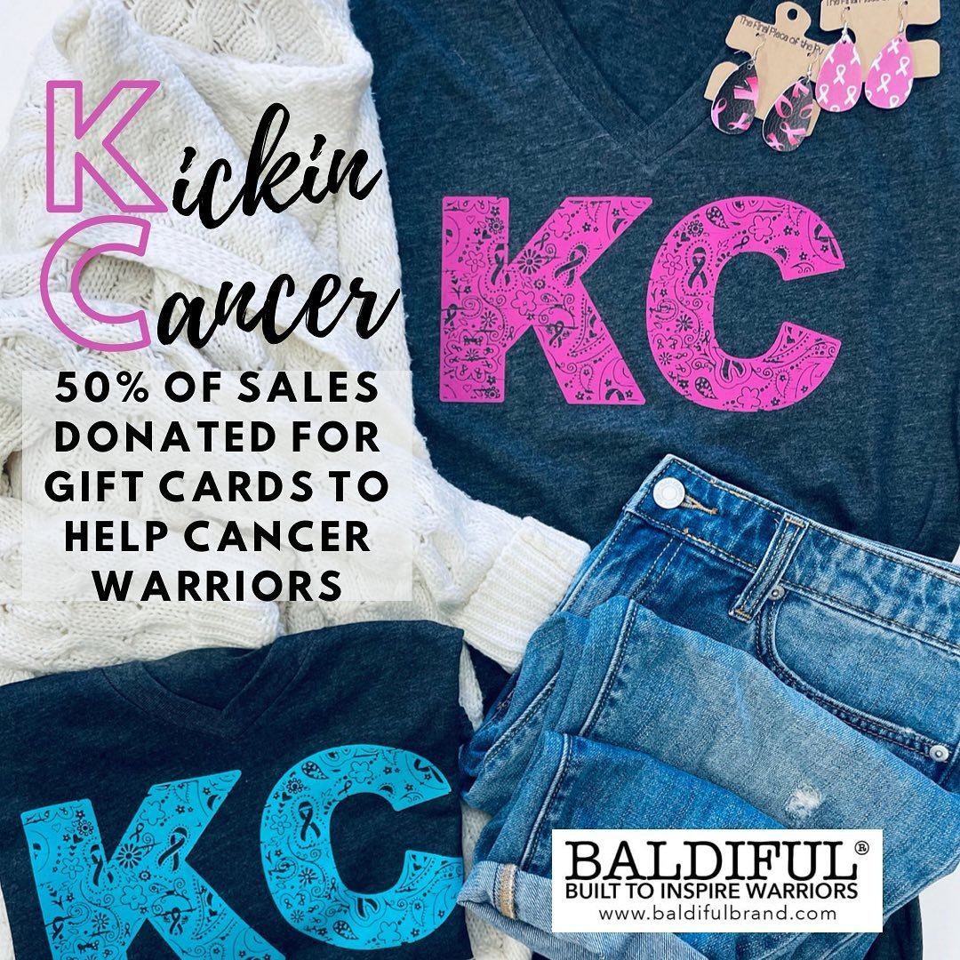 KC Kickin Cancer tees are hot off the press! 50% of sales of the pink &amp; teal tees will be donated for local gift cards for cancer warriors. They can use the gift cards for gas to get to treatment, groceries, prescriptions or whatever they need. W