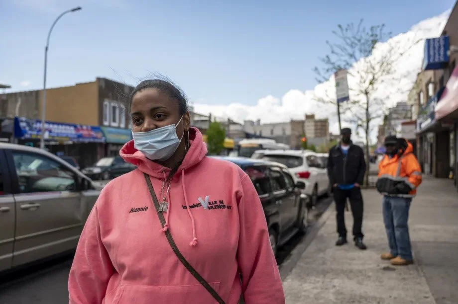 Vanessa “Nannie” Johnson, BIVO violence interrupter, on Mother Gaston Boulevard in Brownsville. Friday, Apr. 30, 2021. Hiram Alejandro Durán/THE CITY