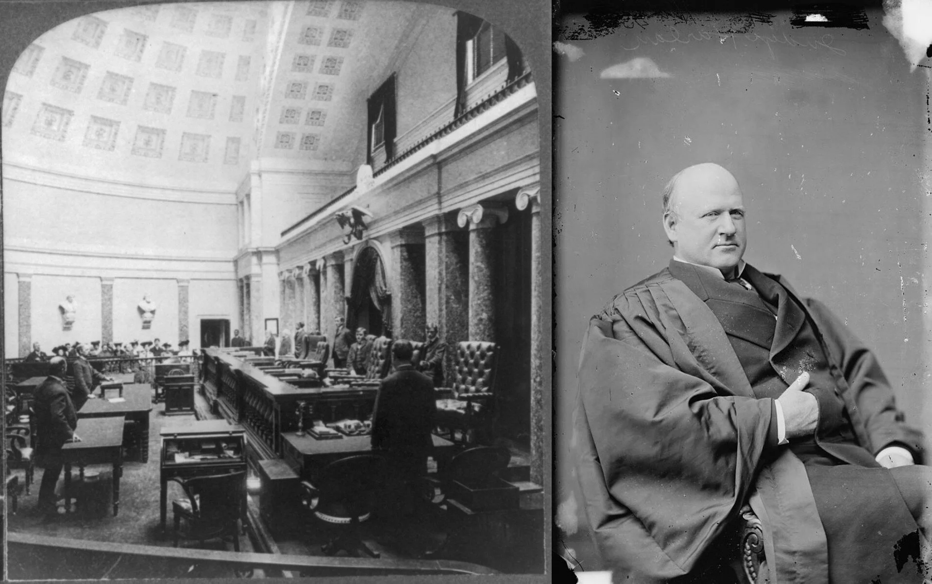 Left: The Supreme Court chamber in the U.S. Capitol, 1904. Right: Justice John Marshall Harlan. | Library of Congress