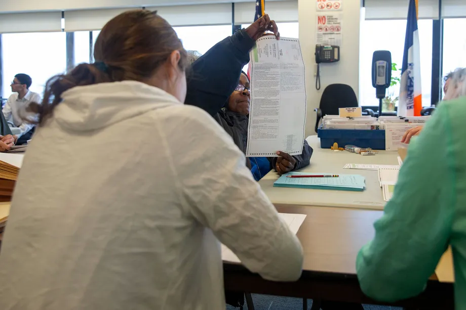 Board of Elections workers count absentee and affidavit ballots, July 3, 2019.  Ben Fractenberg/THE CITY