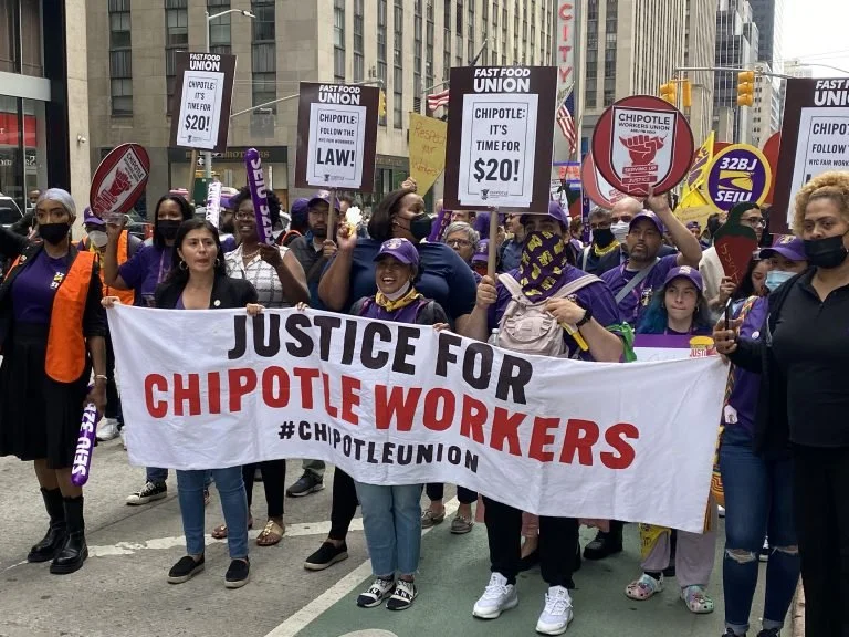 ‘No Justice, No Tacos!’ Chipotle Workers Hold Midtown March to Demand $20 an Hour and a Union