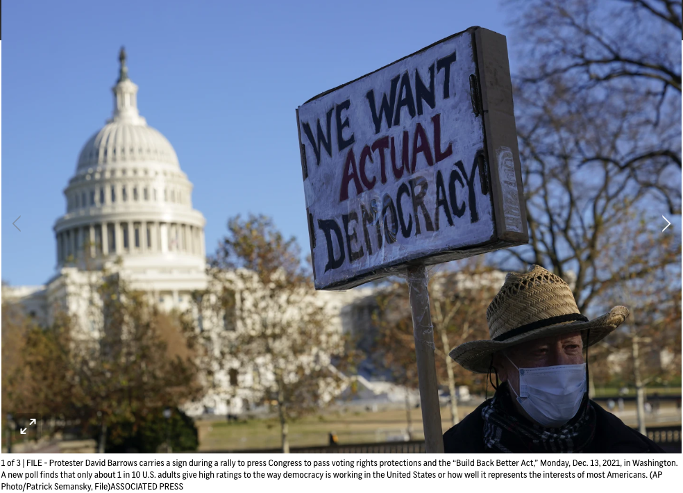 Americans are widely pessimistic about democracy in the United States, an AP-NORC poll finds