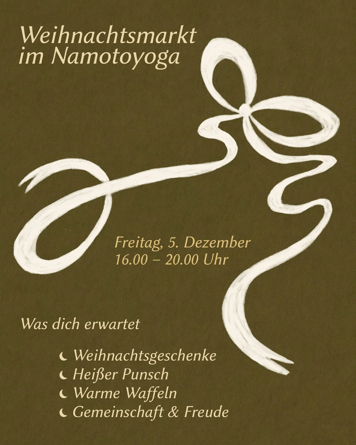 Wir laden dich ein, den Dezember mit uns ein bisschen w&auml;rmer zu machen. ✨ Diesen Freitag, den 5. Dezember, verwandelt sich unser Studio f&uuml;r ein paar Stunden in einen kleinen, liebevollen Weihnachtsmarkt &ndash; mit Punsch, Waffeln, Geschenk