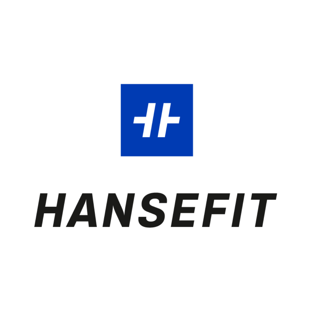 Logo mit blauer Markierung und weißen Linien, darunter der Text 'HANSEFIT' in schwarzer Schrift.