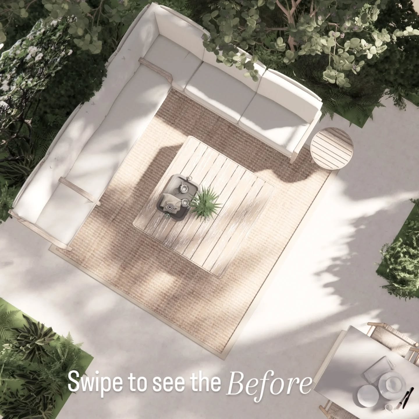 From forgotten space to refined courtyard escape &ndash; almost.

This 3D render offers a preview of what's to come: a calm seating area nestled into the layout, with a hint of the custom outdoor kitchen and bar counter designed for effortless entert