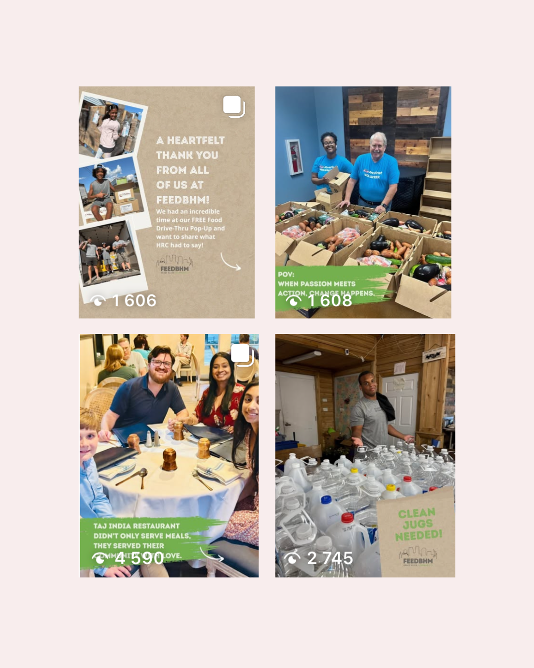 Collage of four photos showing a community service event. The top left features thank you notes and a logo from FEEDBMH. The top right shows volunteers packing boxes of vegetables. The bottom left displays people enjoying a meal at a restaurant. The bottom right depicts bottled water and a sign reading "CLEAN JUGS NEEDED!"