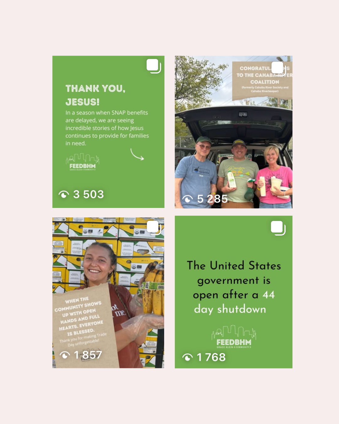 A collage of four images and text, related to community support and food assistance. The top left has a green background with thank you message to Jesus and mentions SNAP benefits delays. The top right shows three smiling people standing in front of a vehicle, holding bottles of mustard, a bag of greens, and a carton of eggs. The bottom left features a woman smiling in front of a display of bananas and boxes, holding a sign that thanks the community for their support during trade day. The bottom right has a green background with text about the U.S. government reopening after a 44-day shutdown, with the FEEDBHM logo.