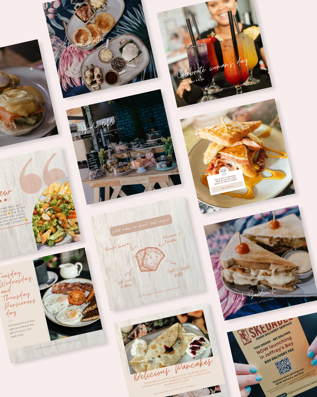 A collage of various food and drink images from a cafe, including pancakes, sandwiches, colorful cocktails, pastries, outdoor setup, and promotional material for ordering and cafe offerings.