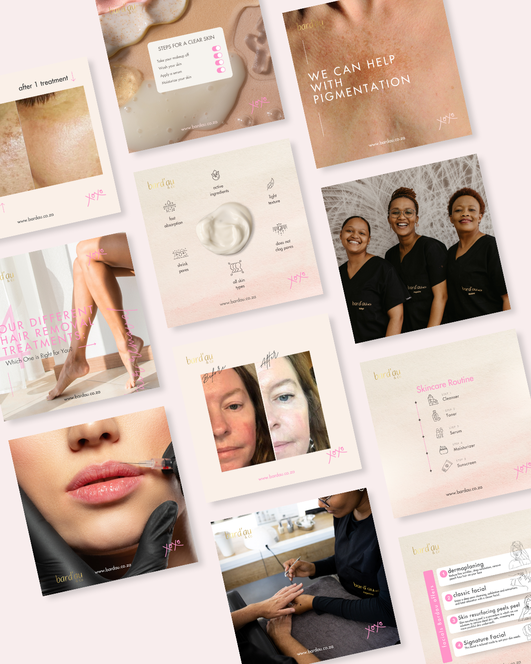 Collection of skincare and beauty treatment promotional images, including before-and-after photos, skincare routine, facial treatments, team photo, and product descriptions.