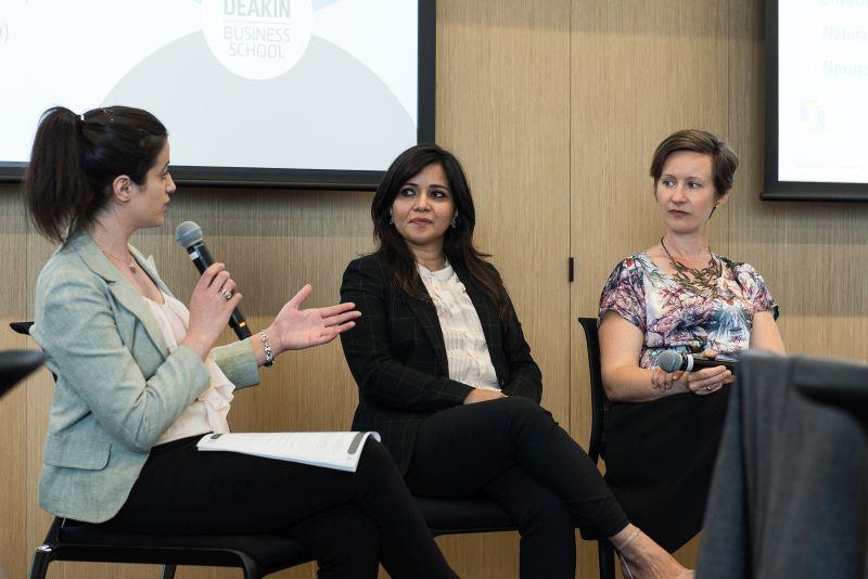 Panel discussion led by Farah Beaini (left): Associate Professor Lubna Alam, Marilyne Crestias.