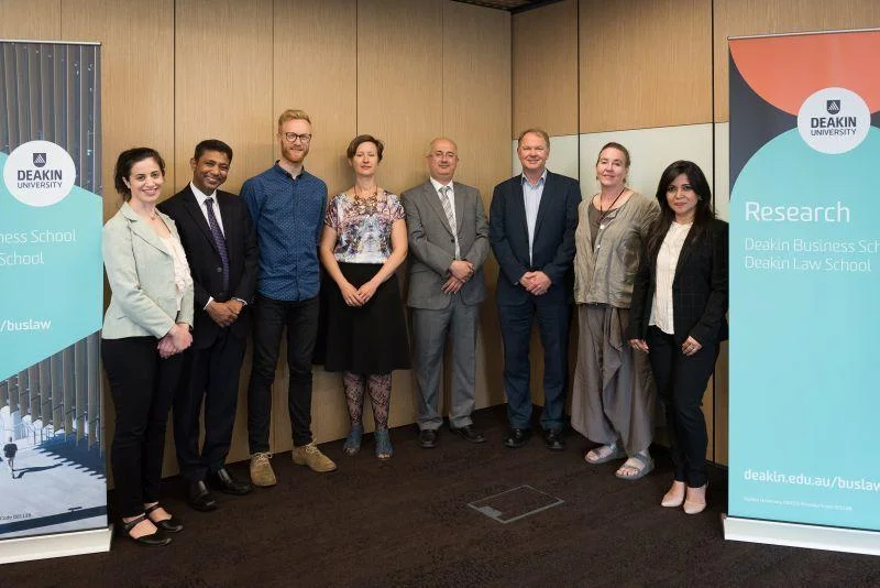 From left: Farah Beaini, Dr Shuddha Rafiq, Associate Dean-Research Josh Newton, Marilyne Crestias, Professor Mehmet Ulubasoglu, Dr John Bates, Ms Lisa Wardlaw Kelly, Associate Professor Lubna Alam.